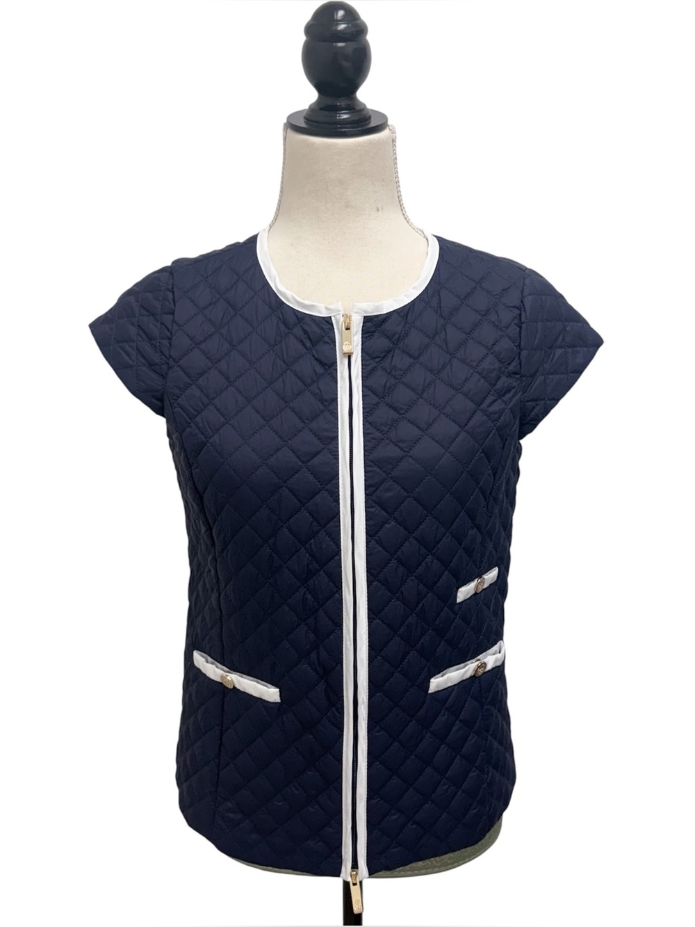 Patty Kim Navy Blue White Trim Quilted Zip Up Cap Sleeve Lightweight Vest XS